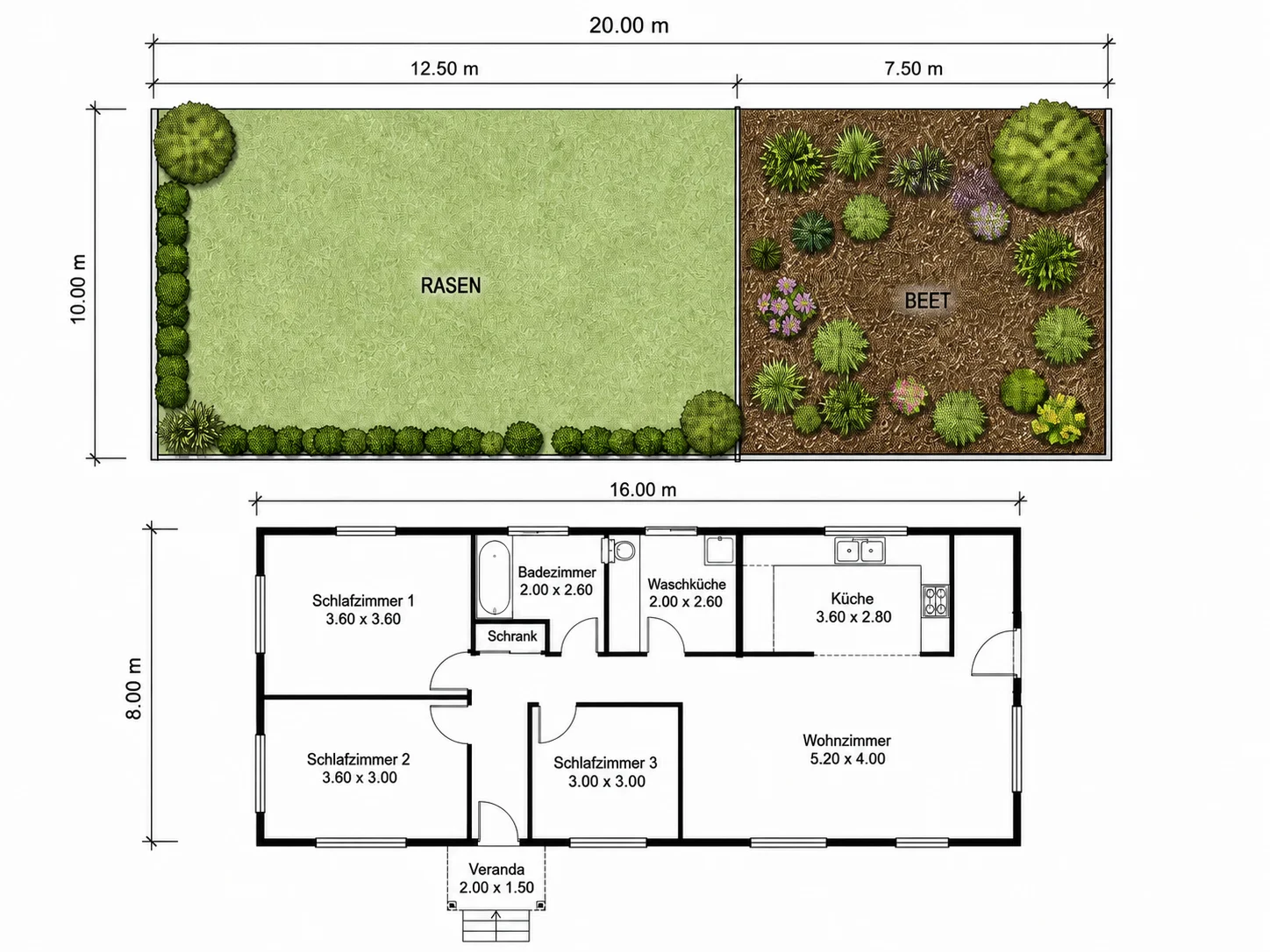 Landschaftsplan mit maßstabsgetreuen Zonenabmessungen