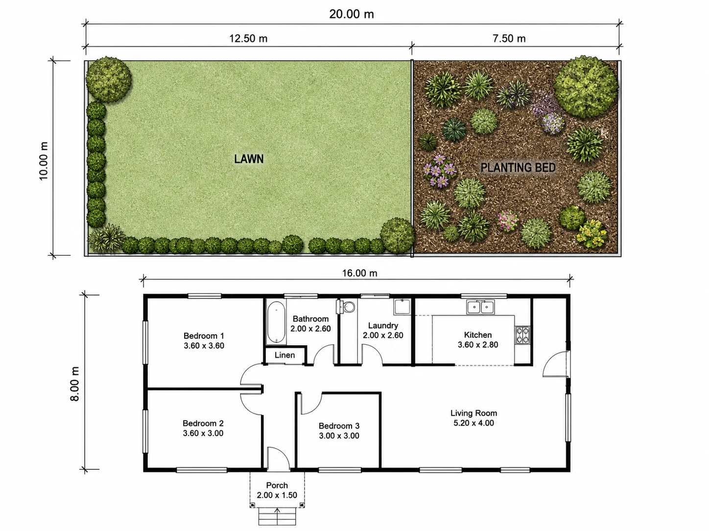 Landscape plan with true-to-scale zone dimensions