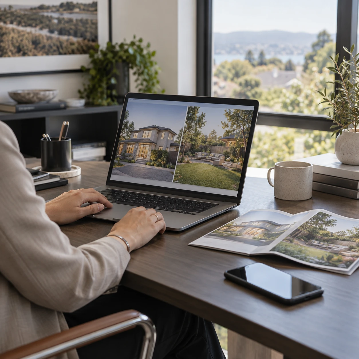 Real estate agent reviewing an exterior render and a matching landscape render on a laptop
