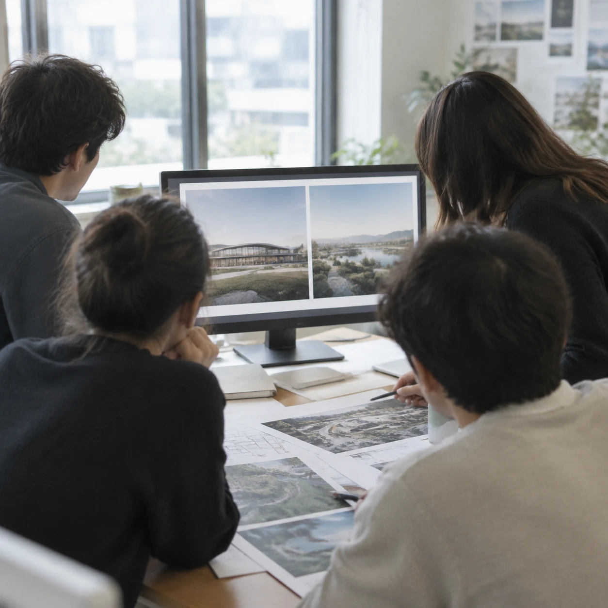 Small development team reviewing exterior renders and landscape renders together on a shared screen