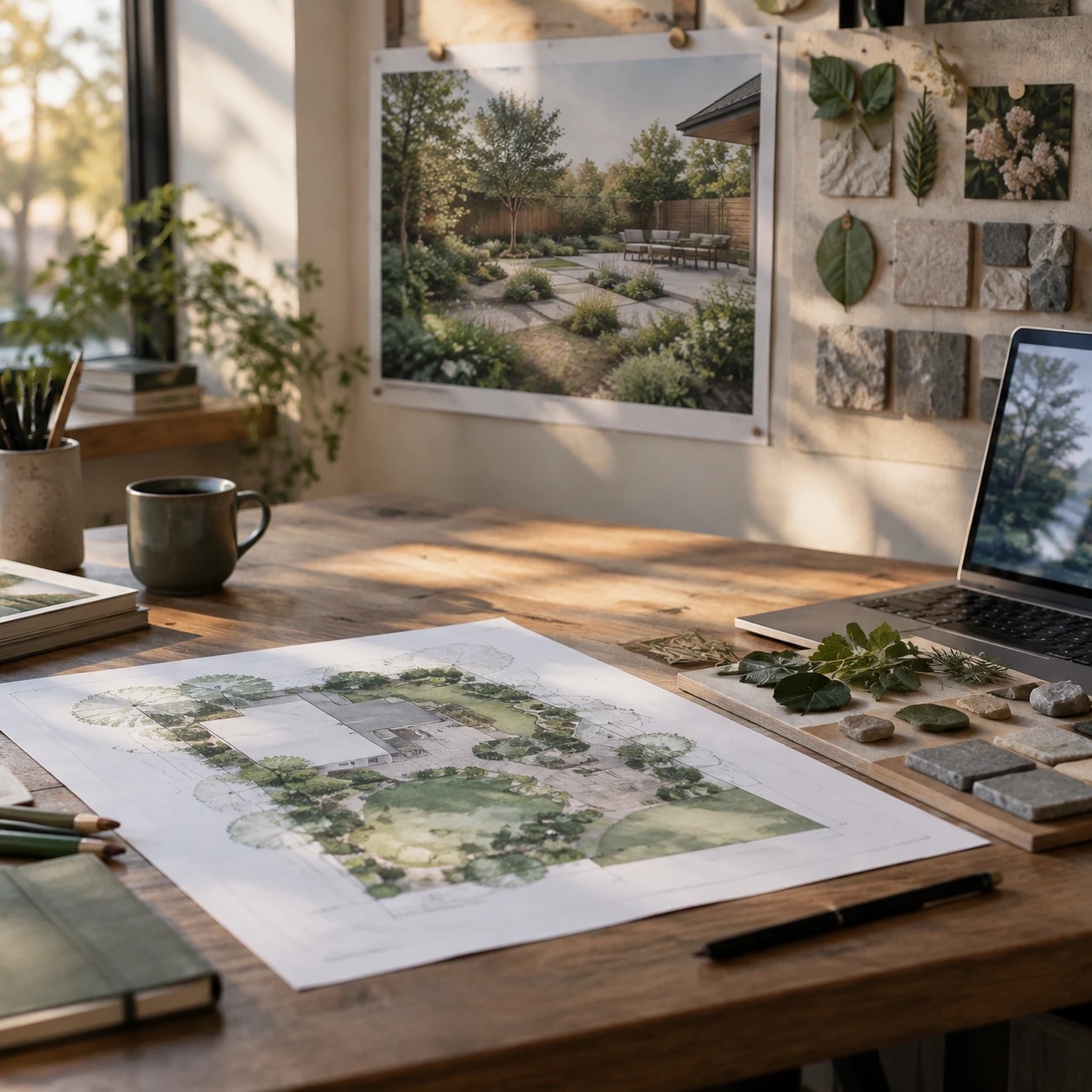Landscape design studio workspace with a site plan, a rendered yard, and planting samples laid out together
