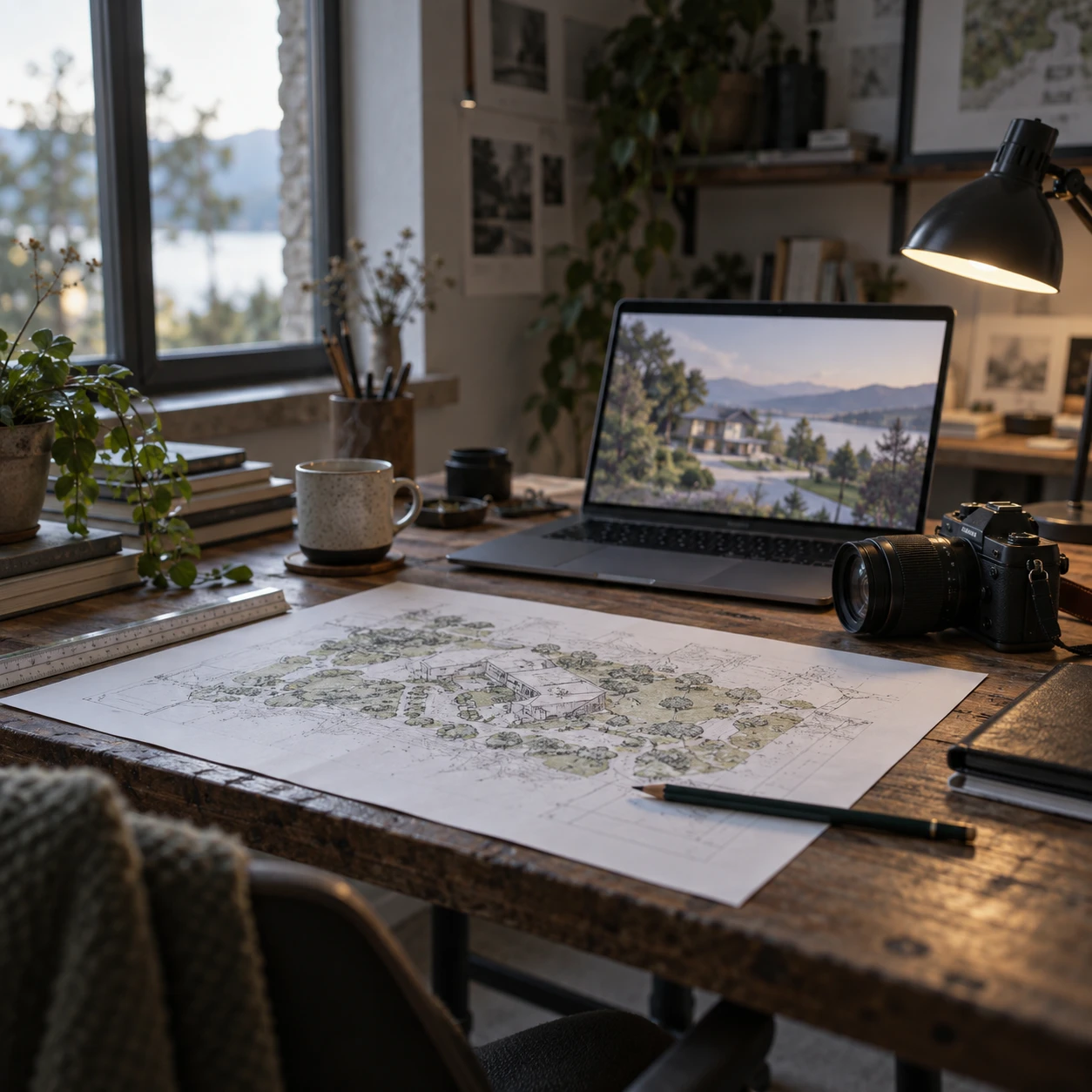 Freelance drafter's desk with a site plan printout, a laptop, and a finished landscape render on screen