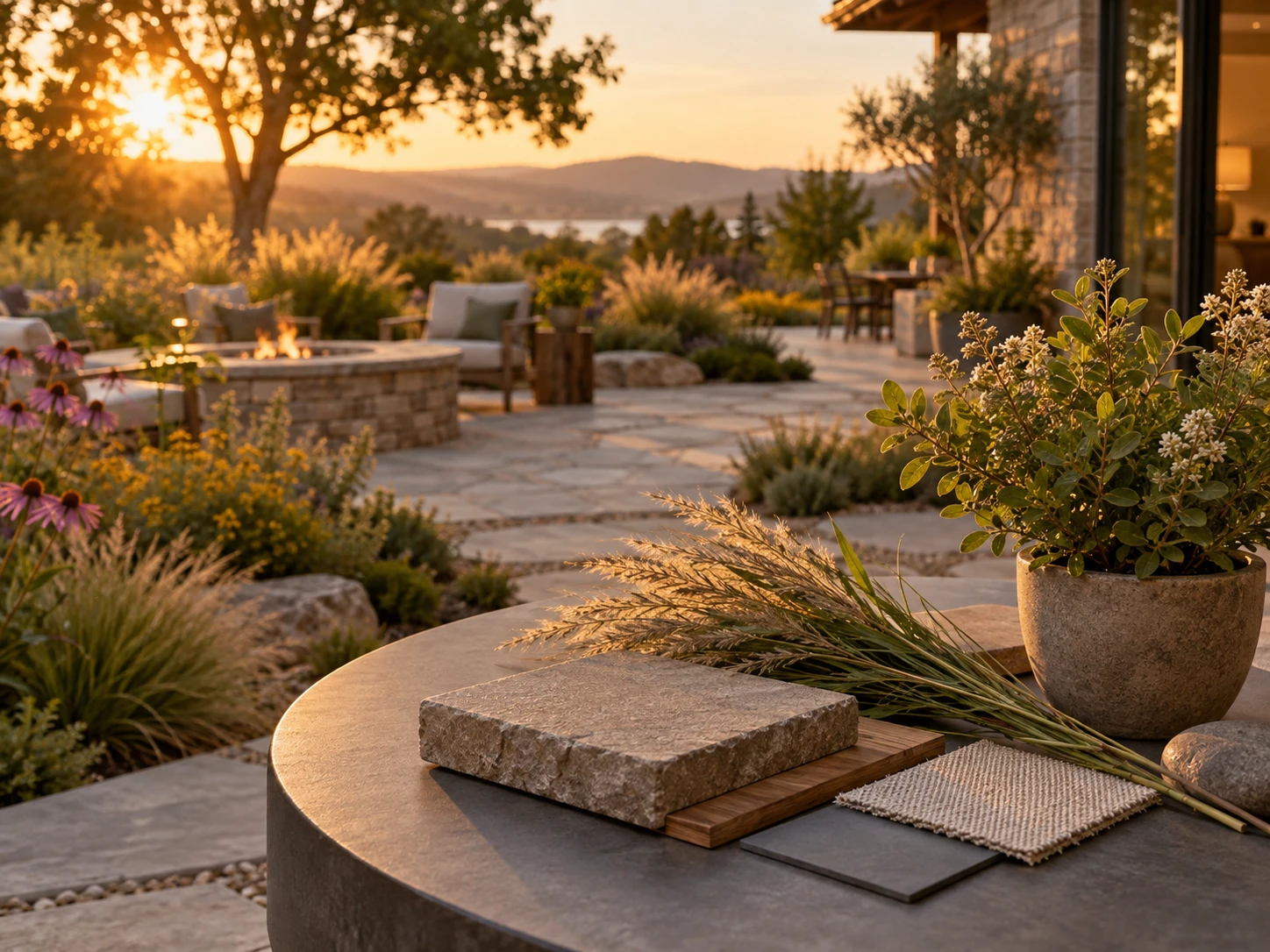 Landscape render comparison showing different planting and paving choices applied to the same yard