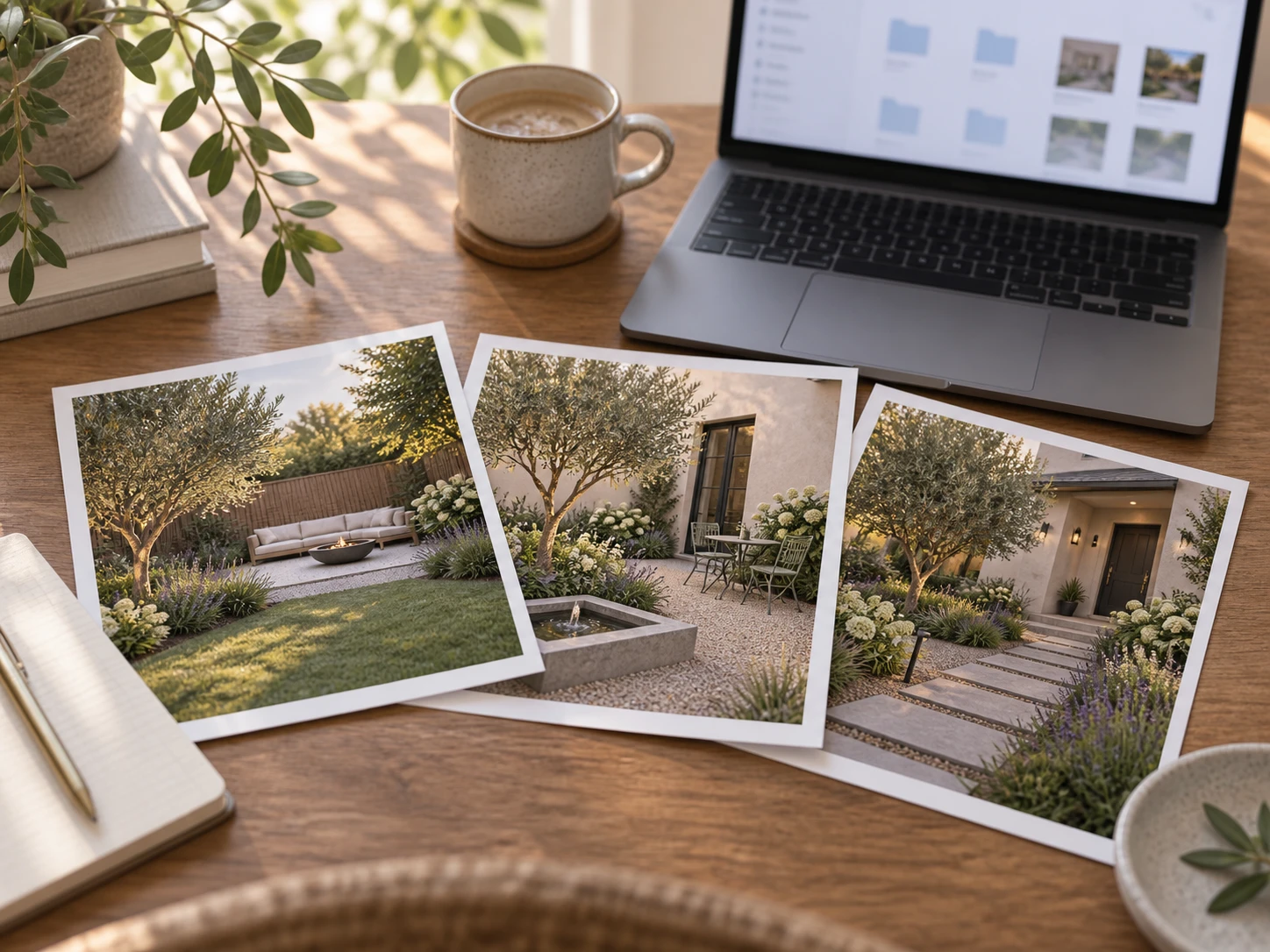 Multiple landscape renders of different outdoor spaces from the same workspace shown together