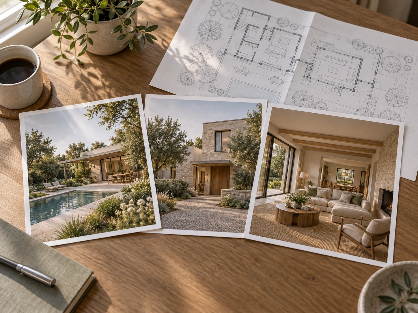 Split view showing a landscape render, an exterior render, and an interior render saved in the same archybase workspace