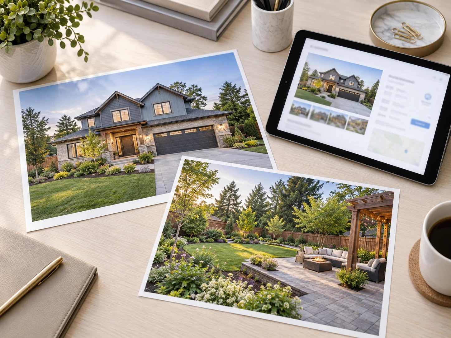 Real estate listing package showing an exterior render next to its matching landscape render