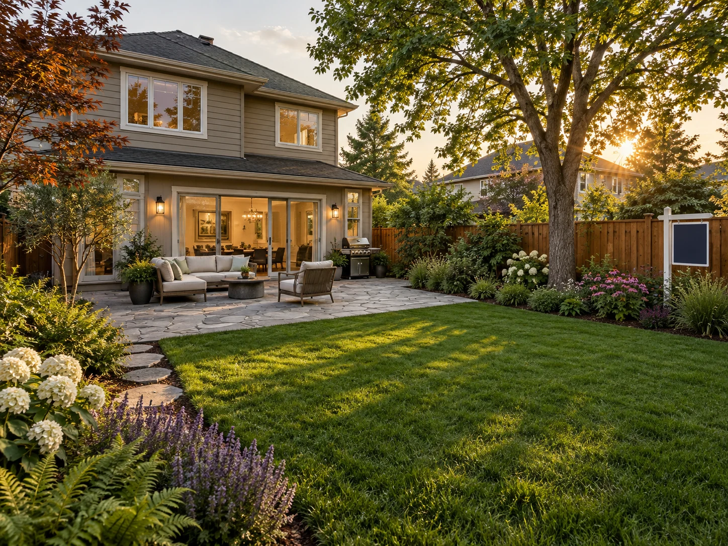 Photorealistic AI landscape render of a backyard generated from an exterior render saved in an archybase workspace