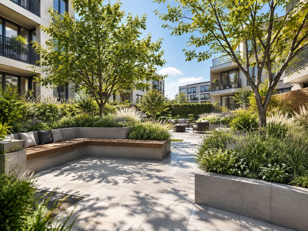 AI landscape render of a shared courtyard generated from a grading plan wireframe