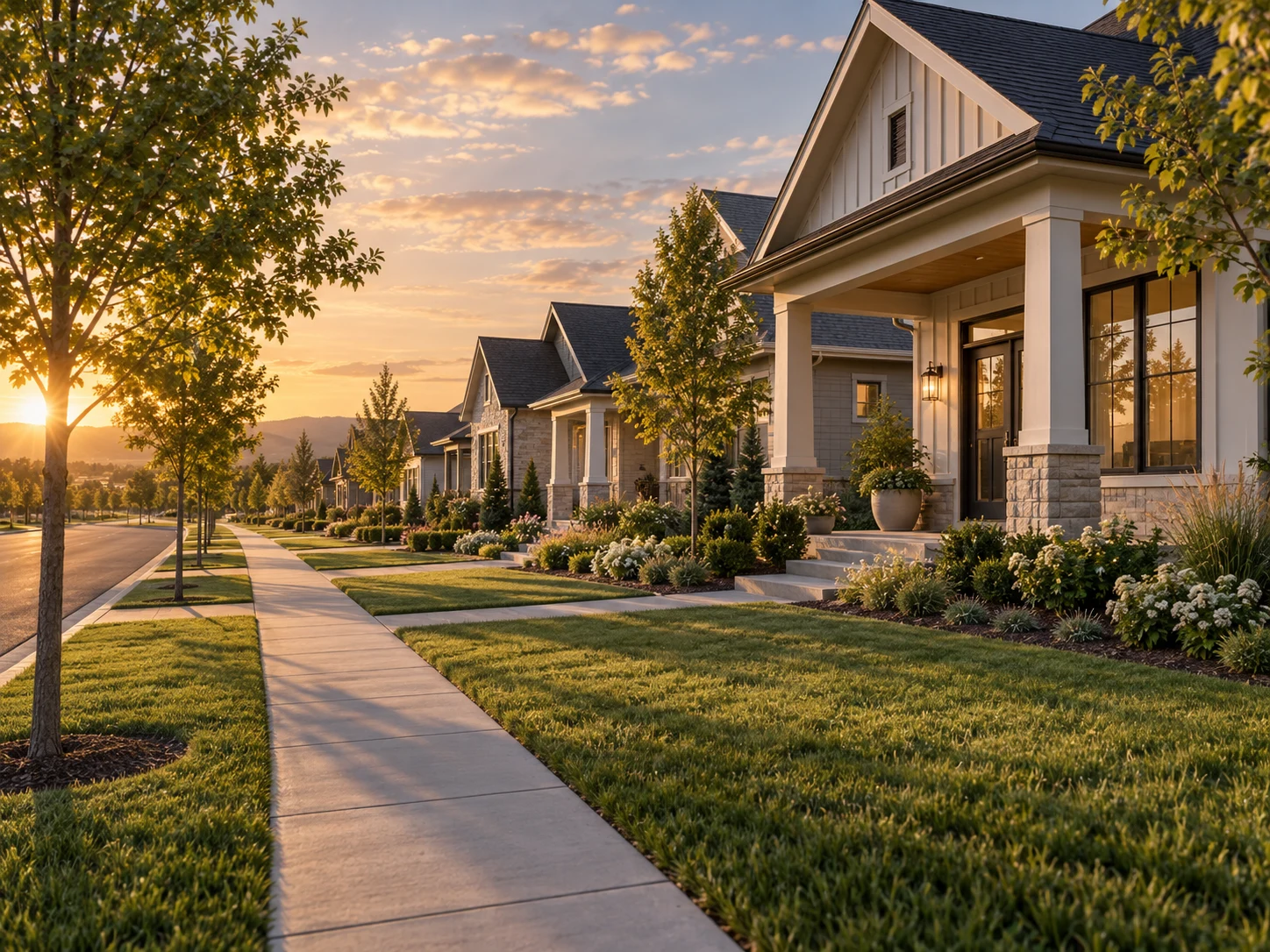 Pre-sale community front yard landscape render generated from an unbuilt development's site plan