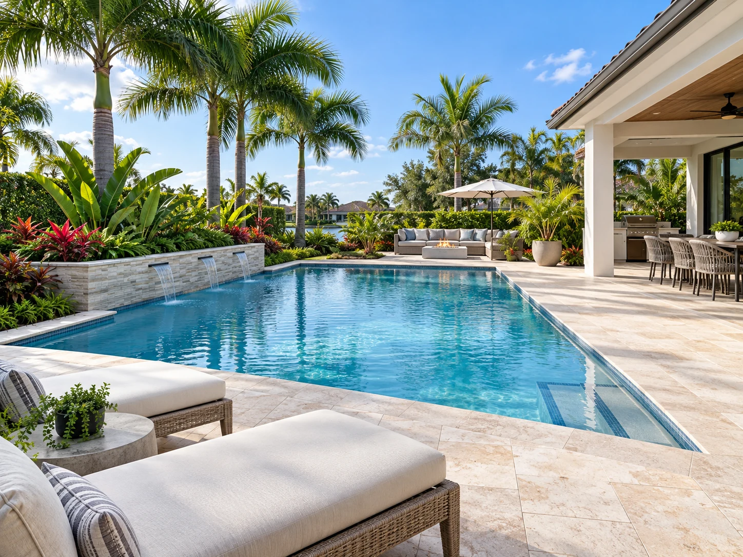 Pool area landscape renovation render generated from an existing smartphone photo for a real estate listing