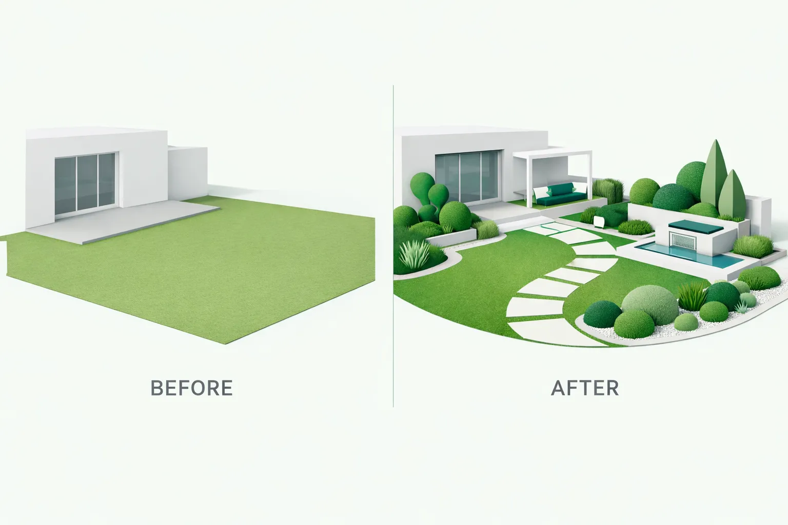 Generatore di design del paesaggio AI trasforma una foto di giardino caricata in uno spazio esterno ridisegnato