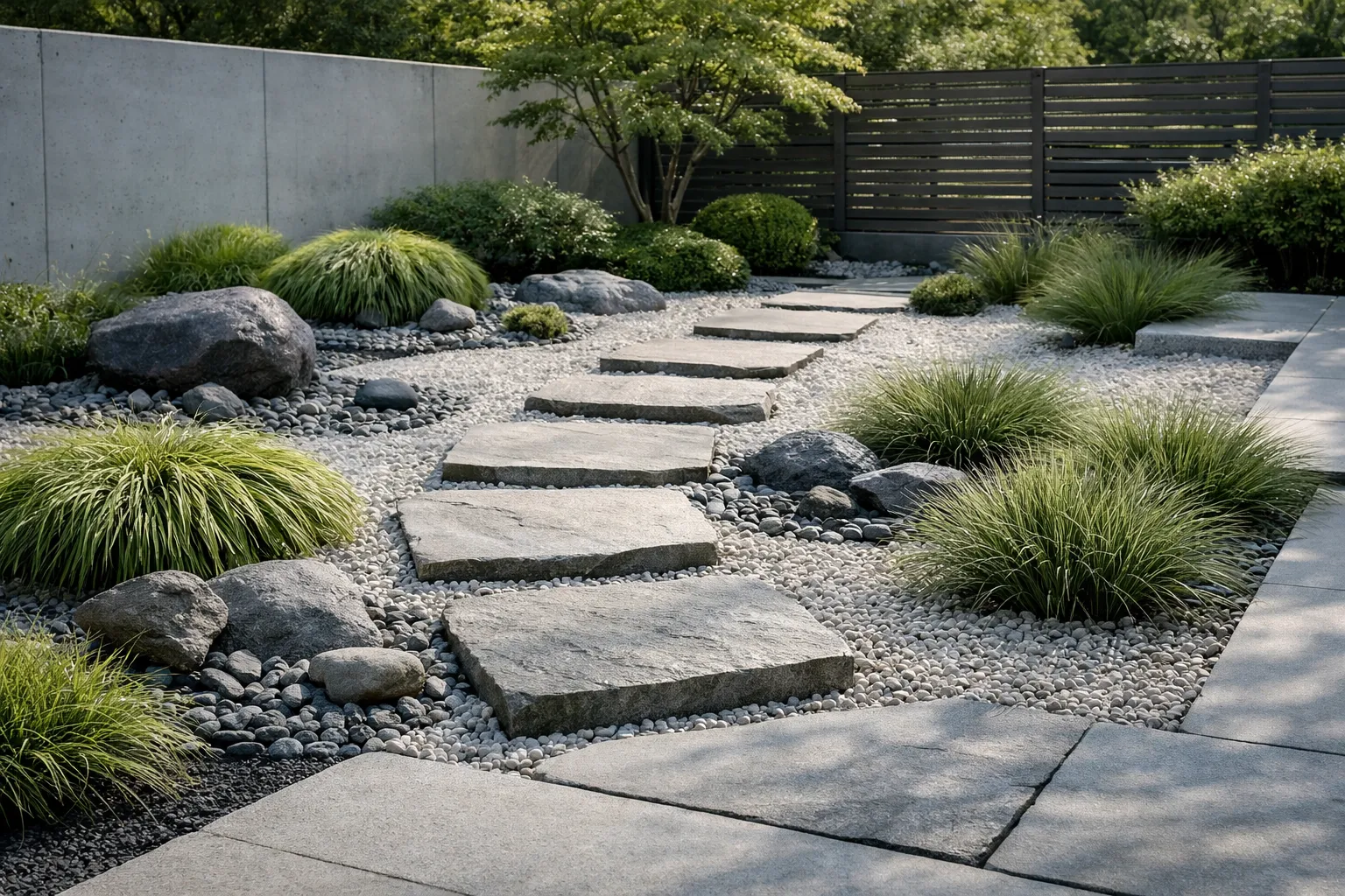 Risultato del generatore di design del paesaggio AI: giardino zen moderno da una foto caricata