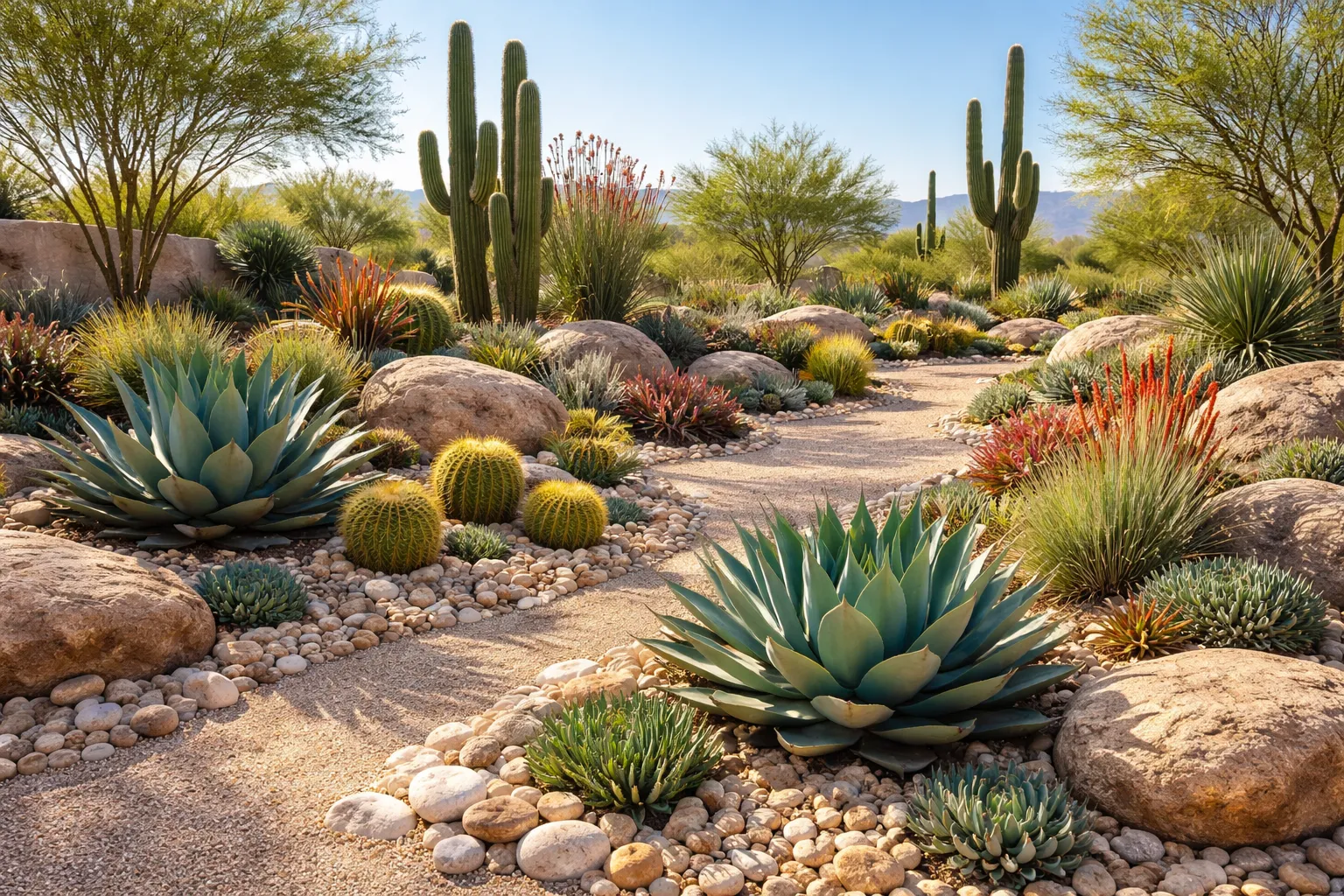 Risultato del generatore di design del paesaggio AI: giardino anteriore in stile desertico