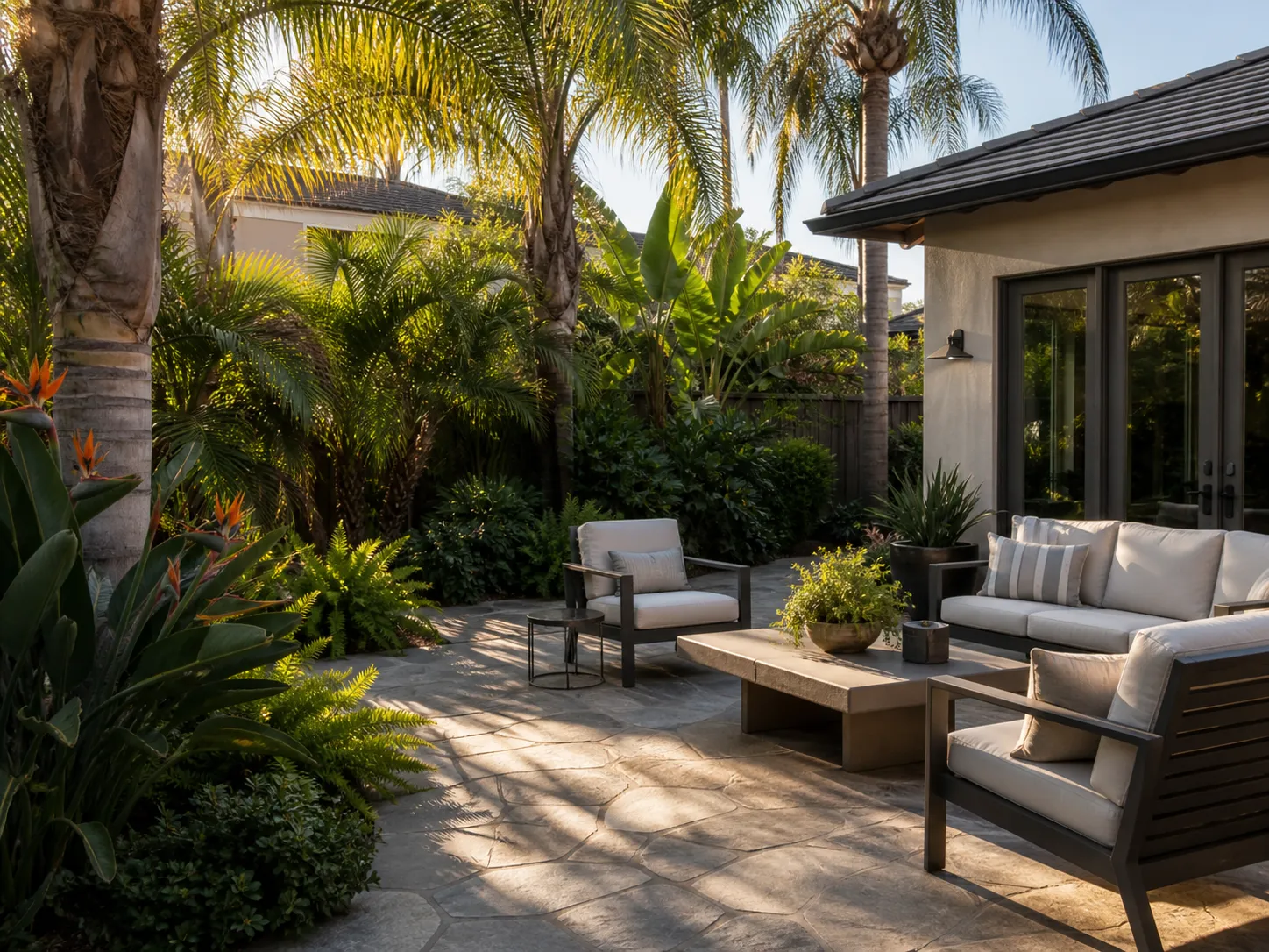 Risultato del generatore di design del paesaggio AI: cortile posteriore tropicale con palme
