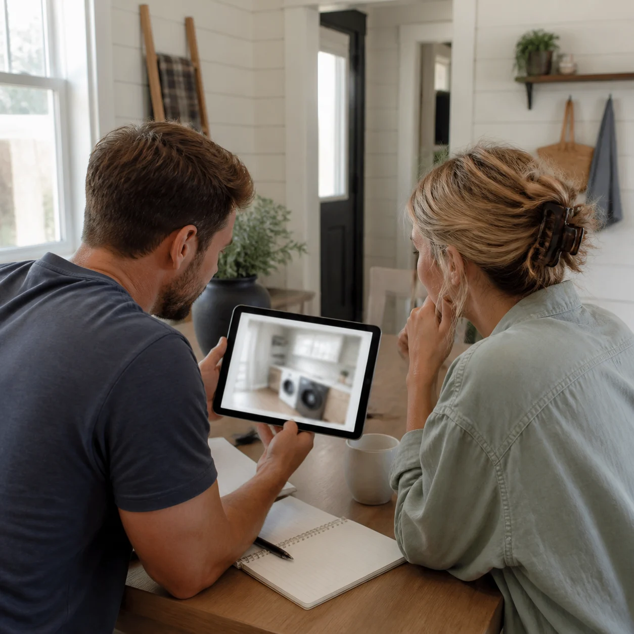 Homeowner comparing laundry room style results on a laptop