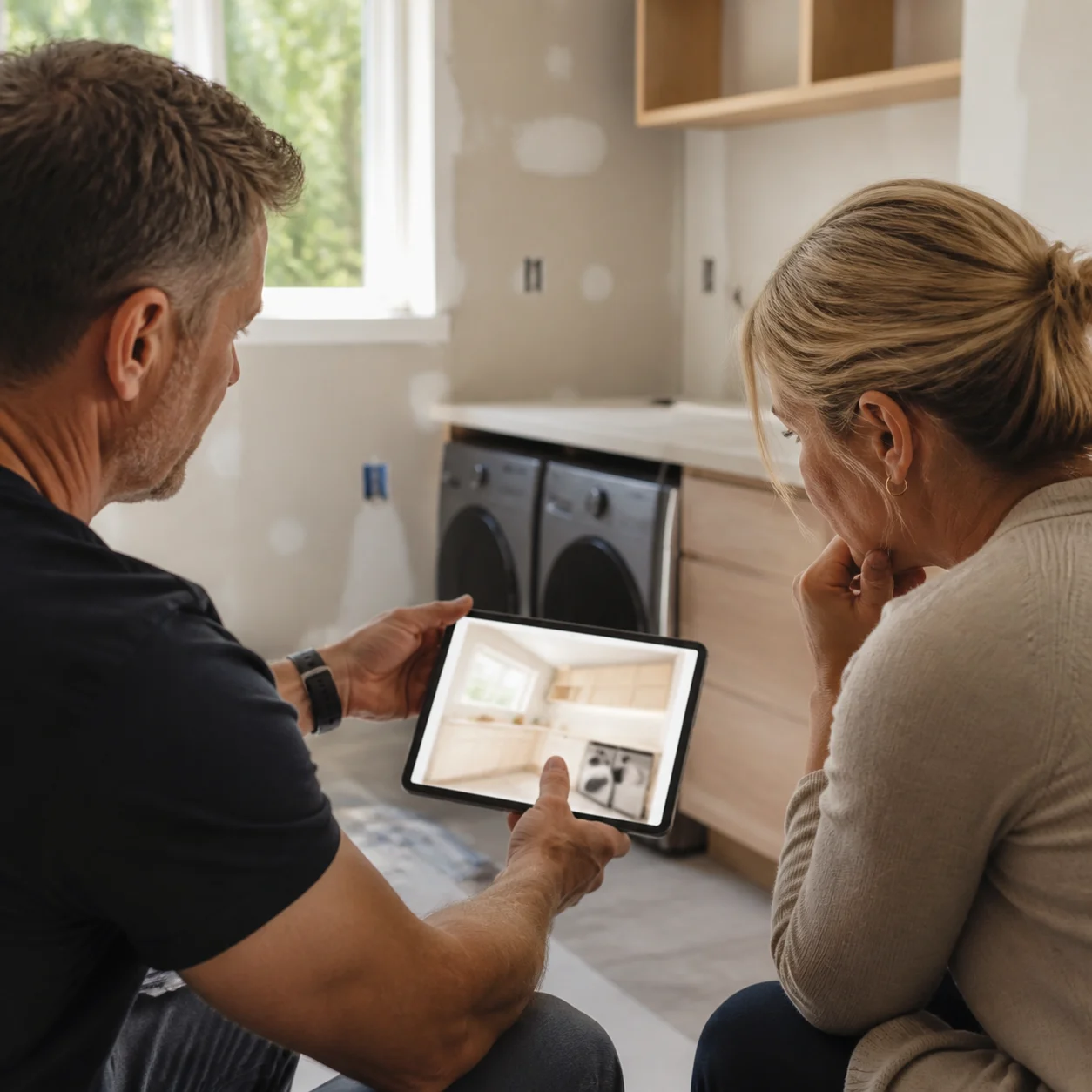 Contractor showing generated laundry room concepts to a client