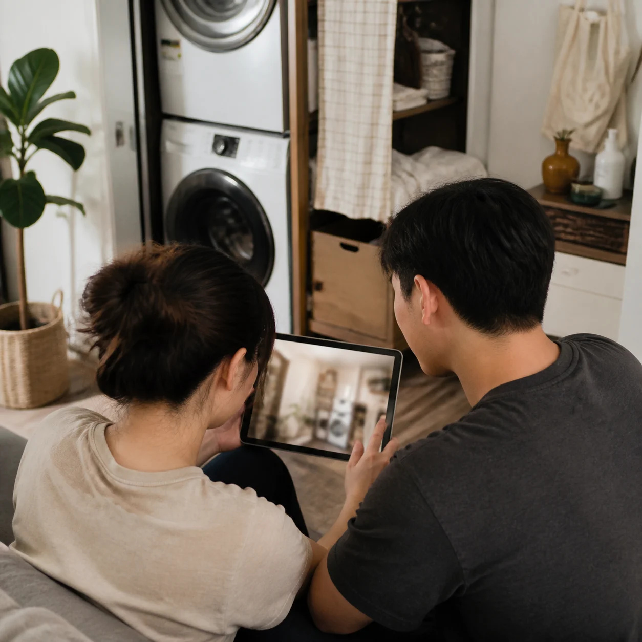 Renter browsing generated laundry closet ideas on a phone
