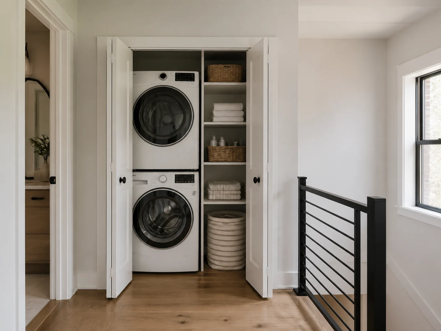 Modern stacked laundry closet with open shelving