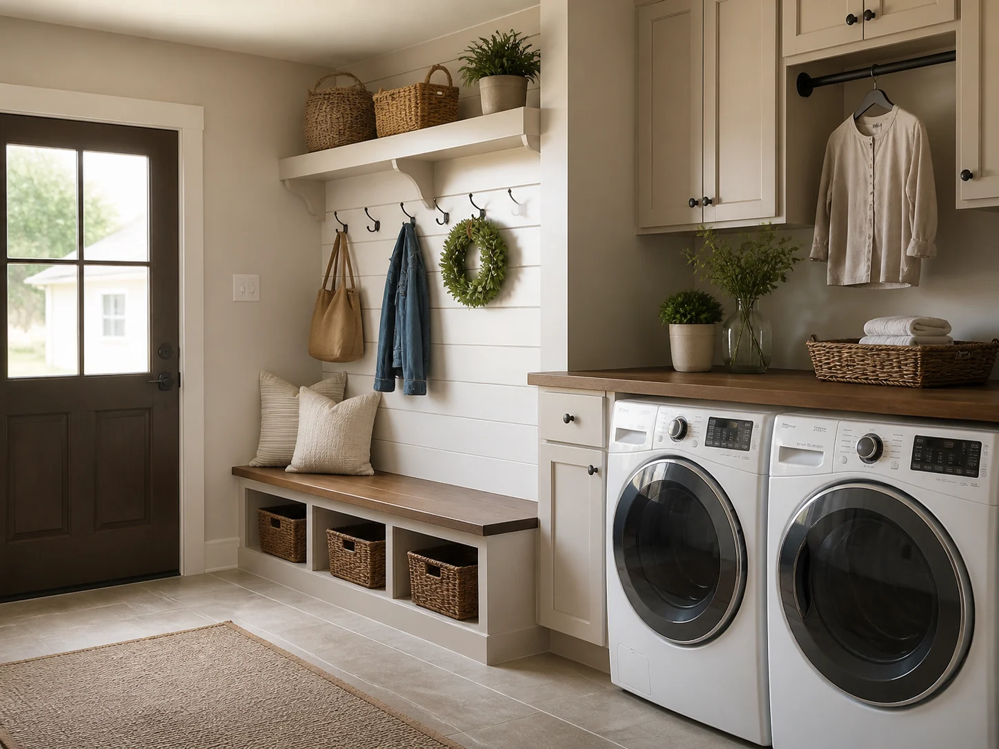 Farmhouse mudroom and laundry combo with built-in bench