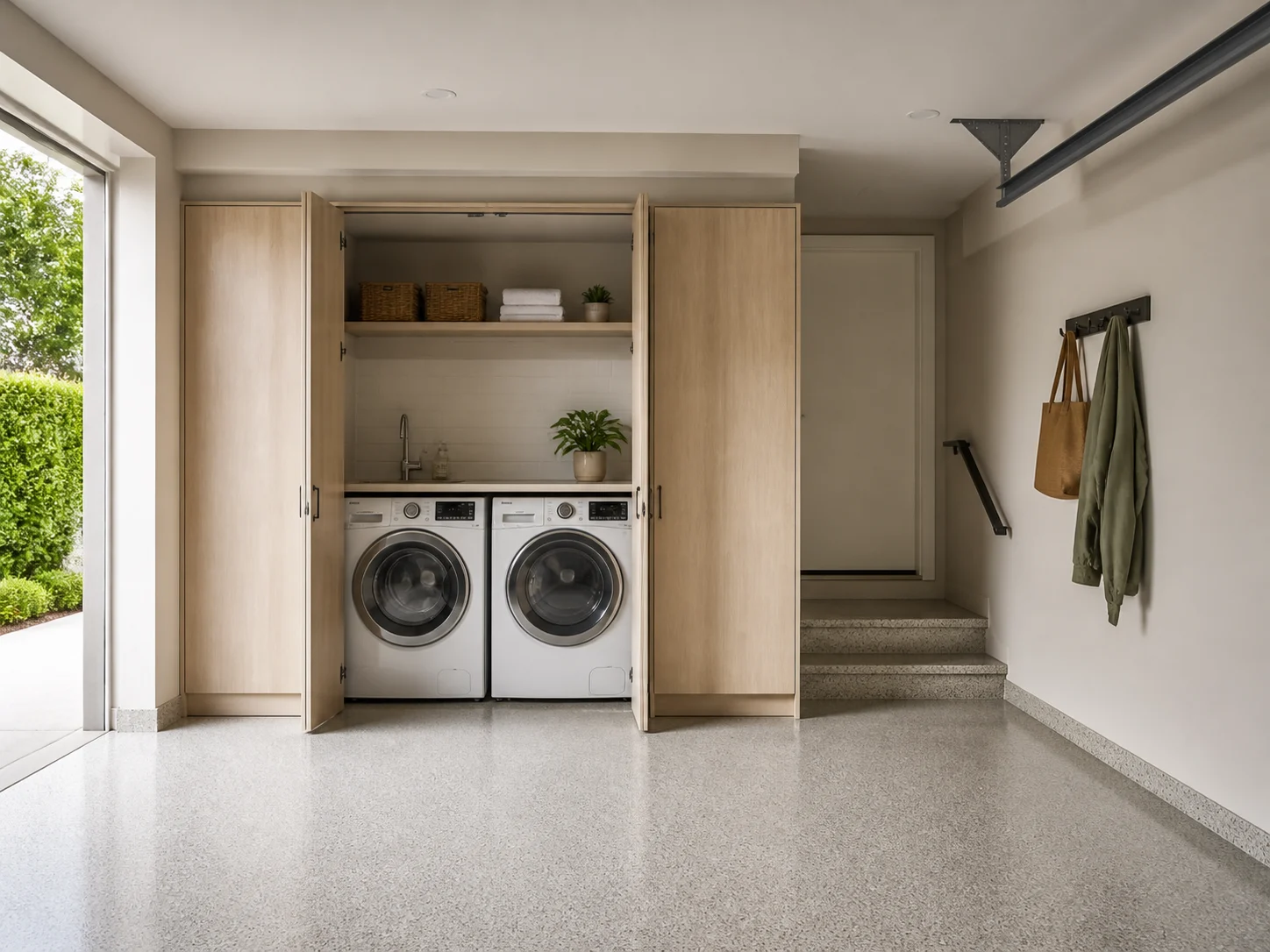 Minimalist garage laundry nook with hidden storage