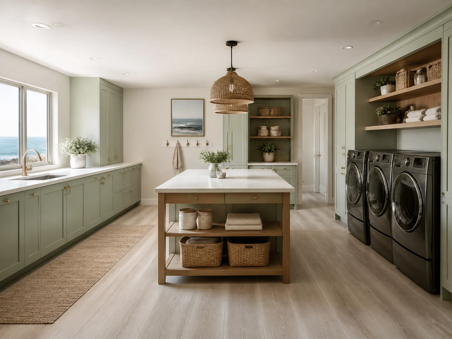 Coastal style basement laundry room with full-size layout