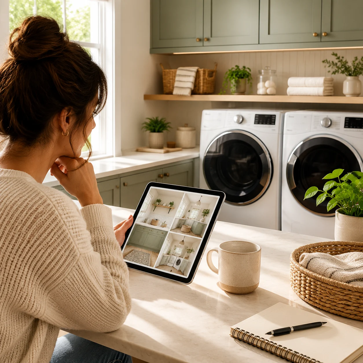 Homeowner planning a laundry room refresh on a tablet beside a washer and dryer