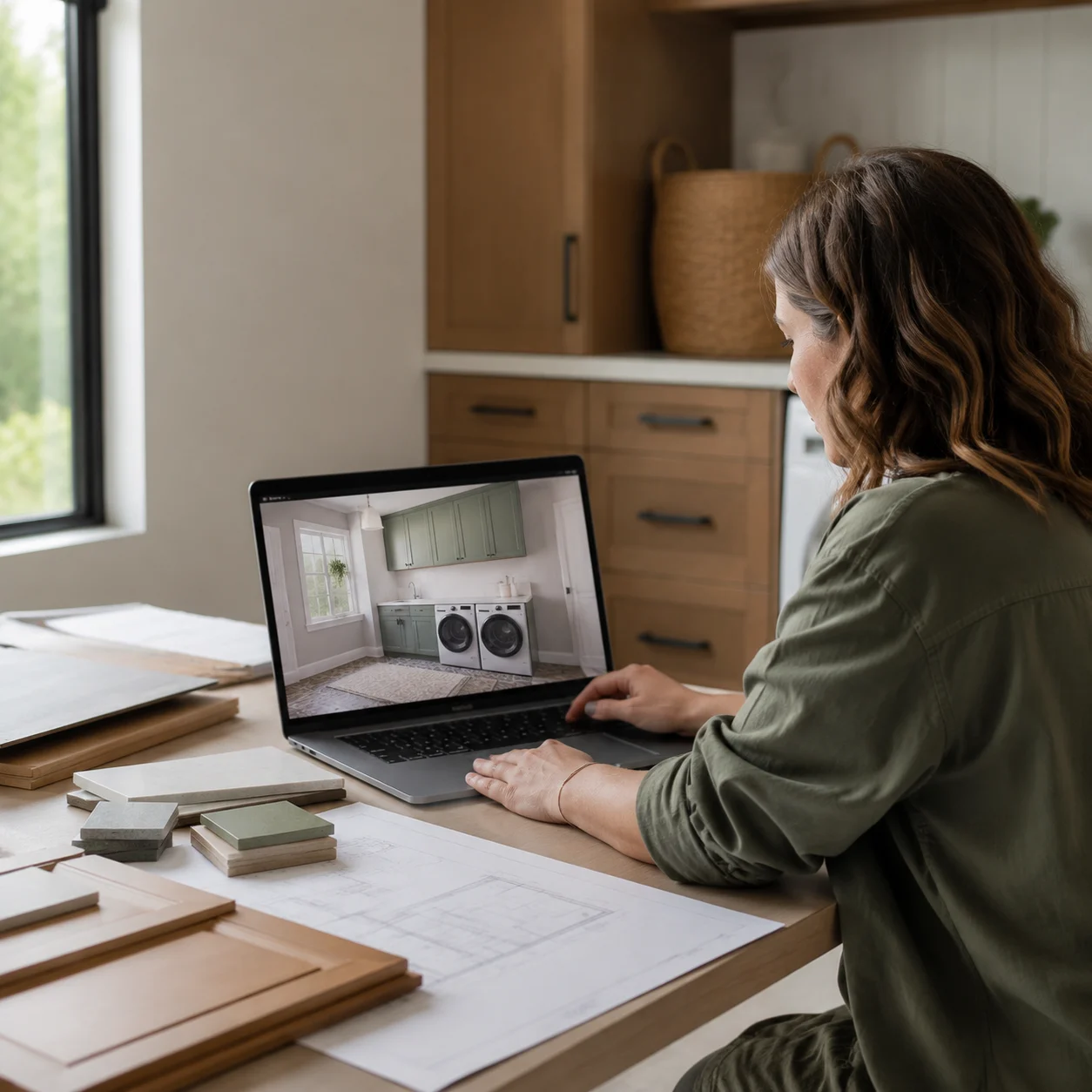 Renovator reviewing a laundry room layout on a laptop with cabinetry samples