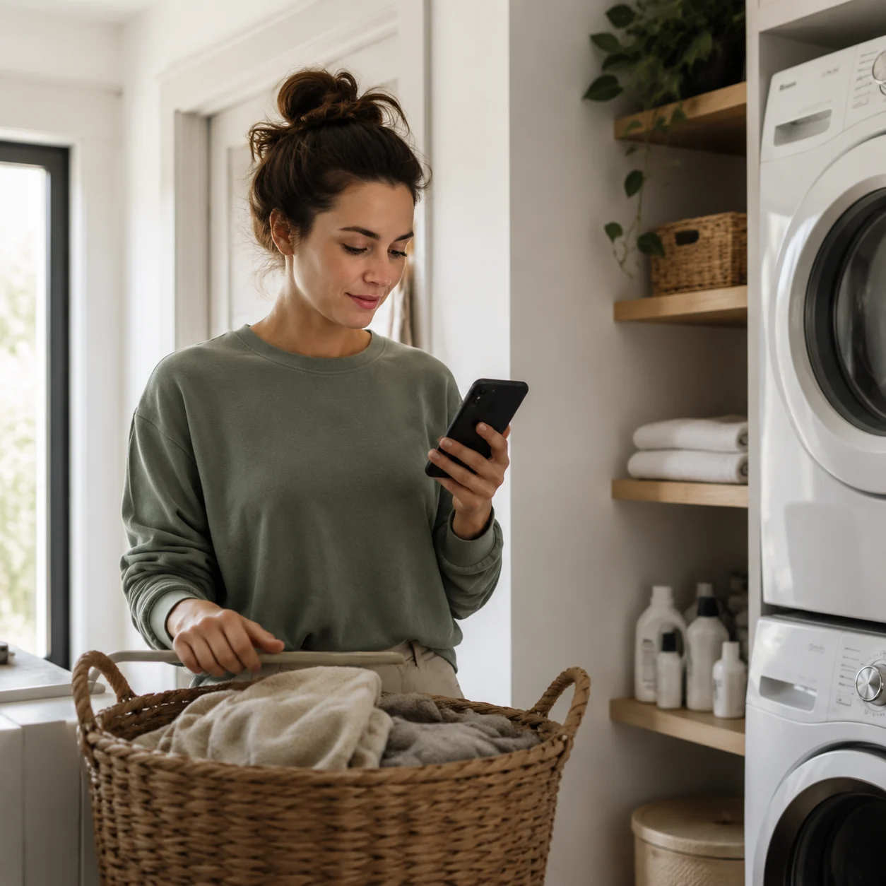 Parent organizing a small laundry nook while looking at a phone design