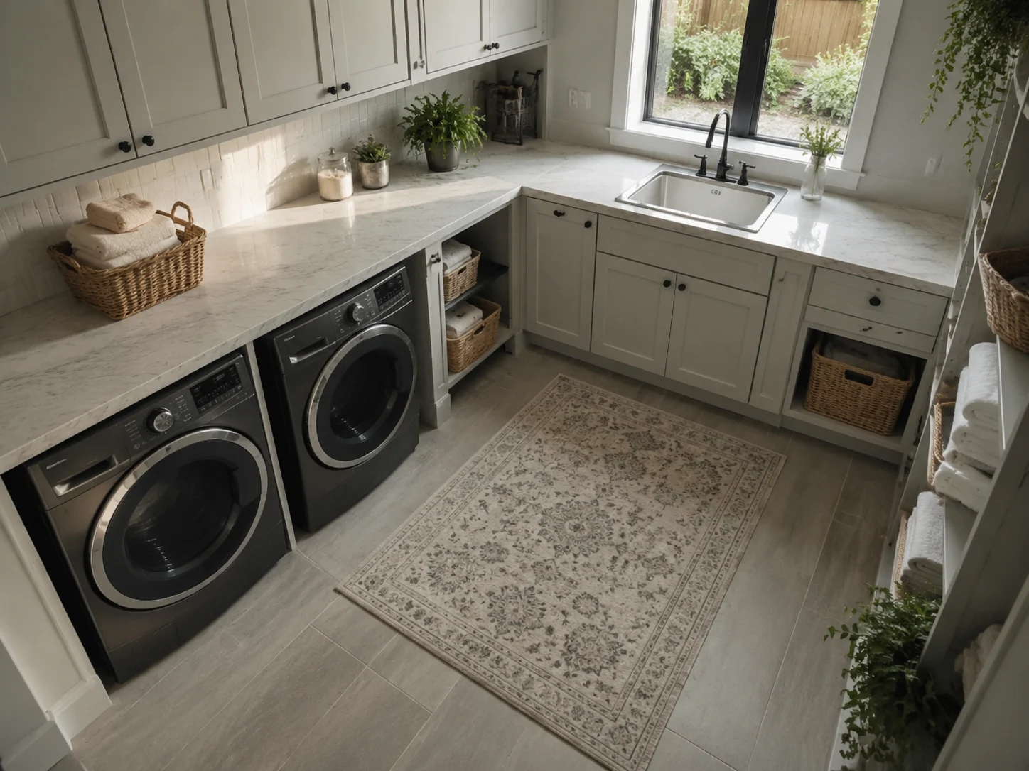 High-angle laundry room layout with machines, counter, sink, and storage