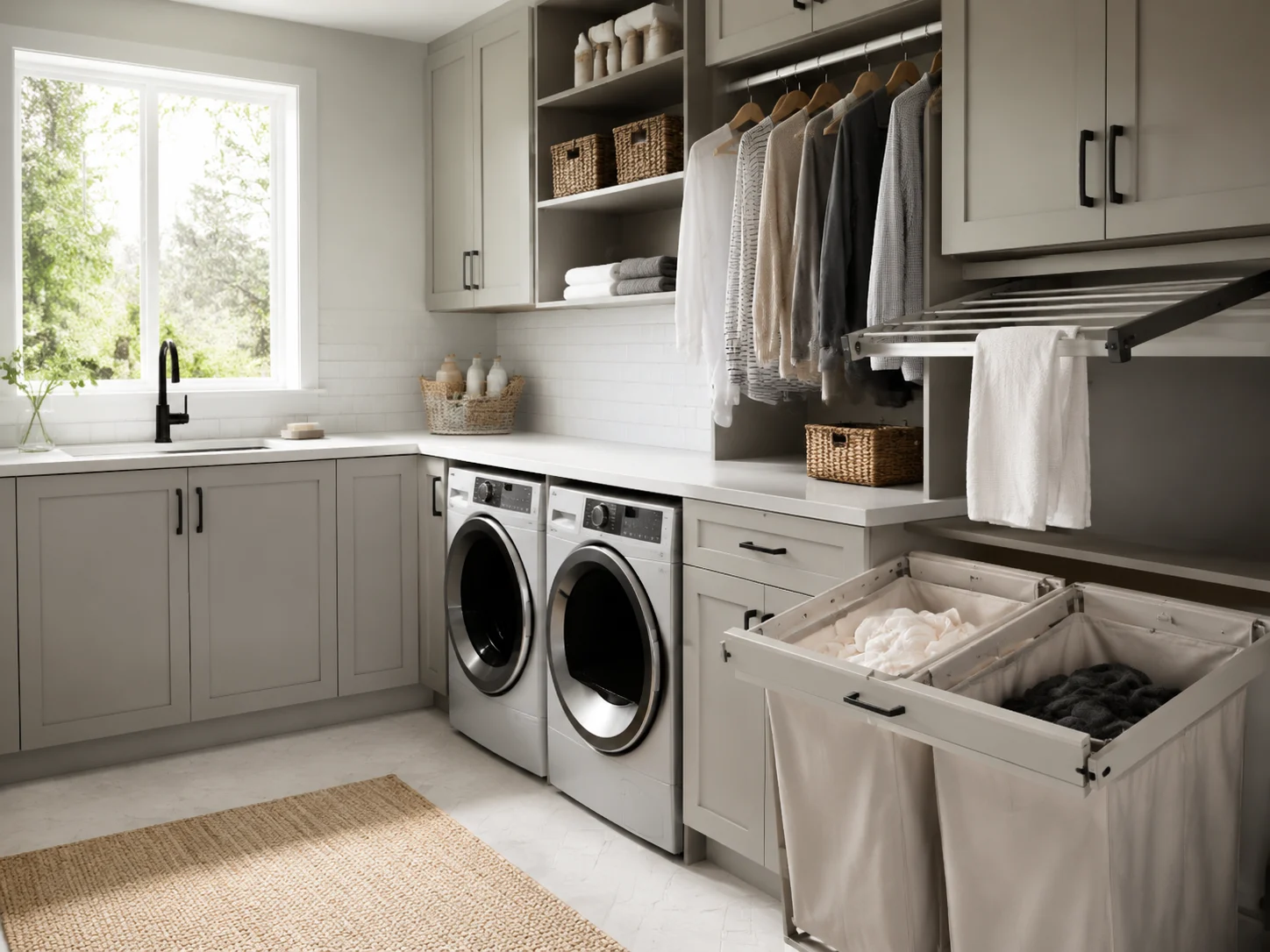 Laundry room with custom cabinetry, pull-out hampers, and drying rails