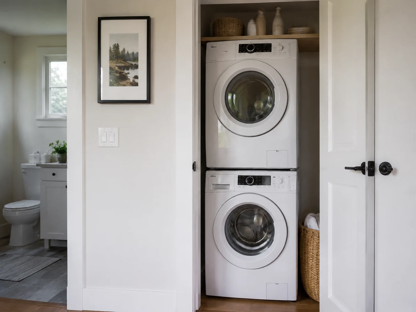 Compact stacked laundry nook fitted into a small closet