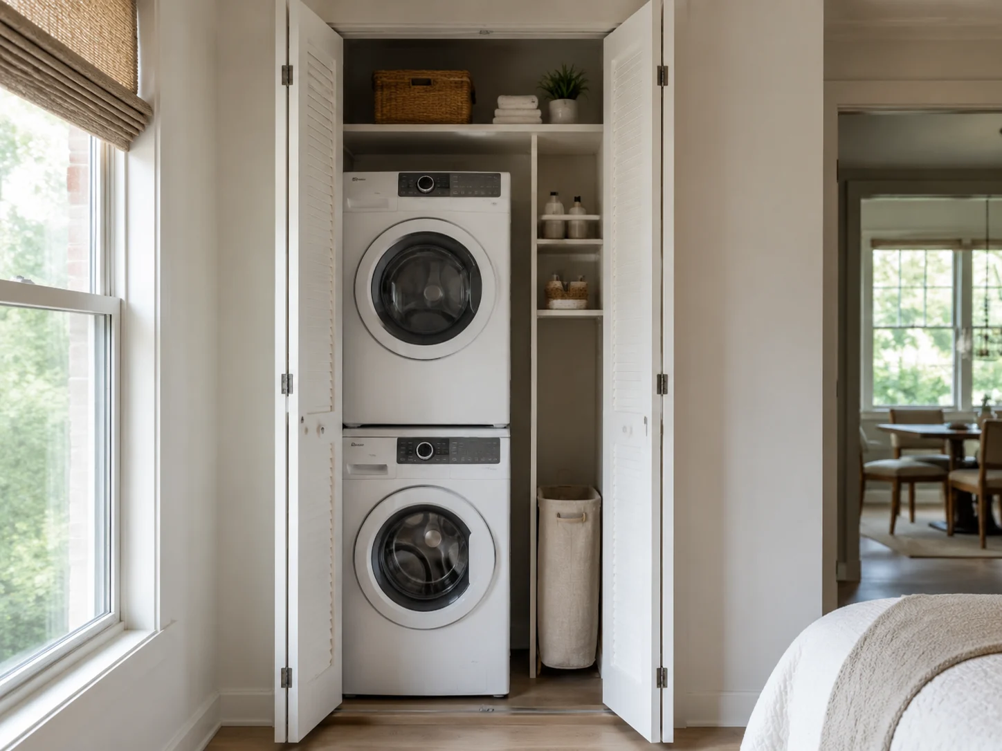 Compact laundry nook with stacked machines and slim shelving behind bifold doors