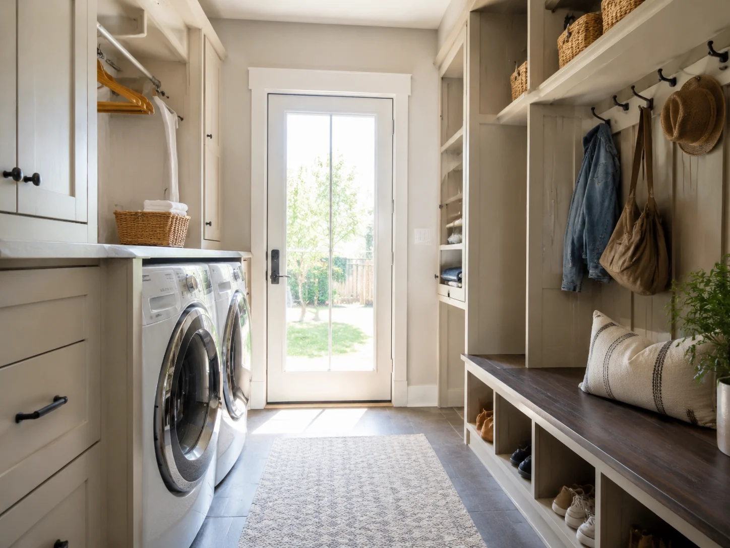 Laundry-mudroom combo with machines, cubbies, bench, and hooks