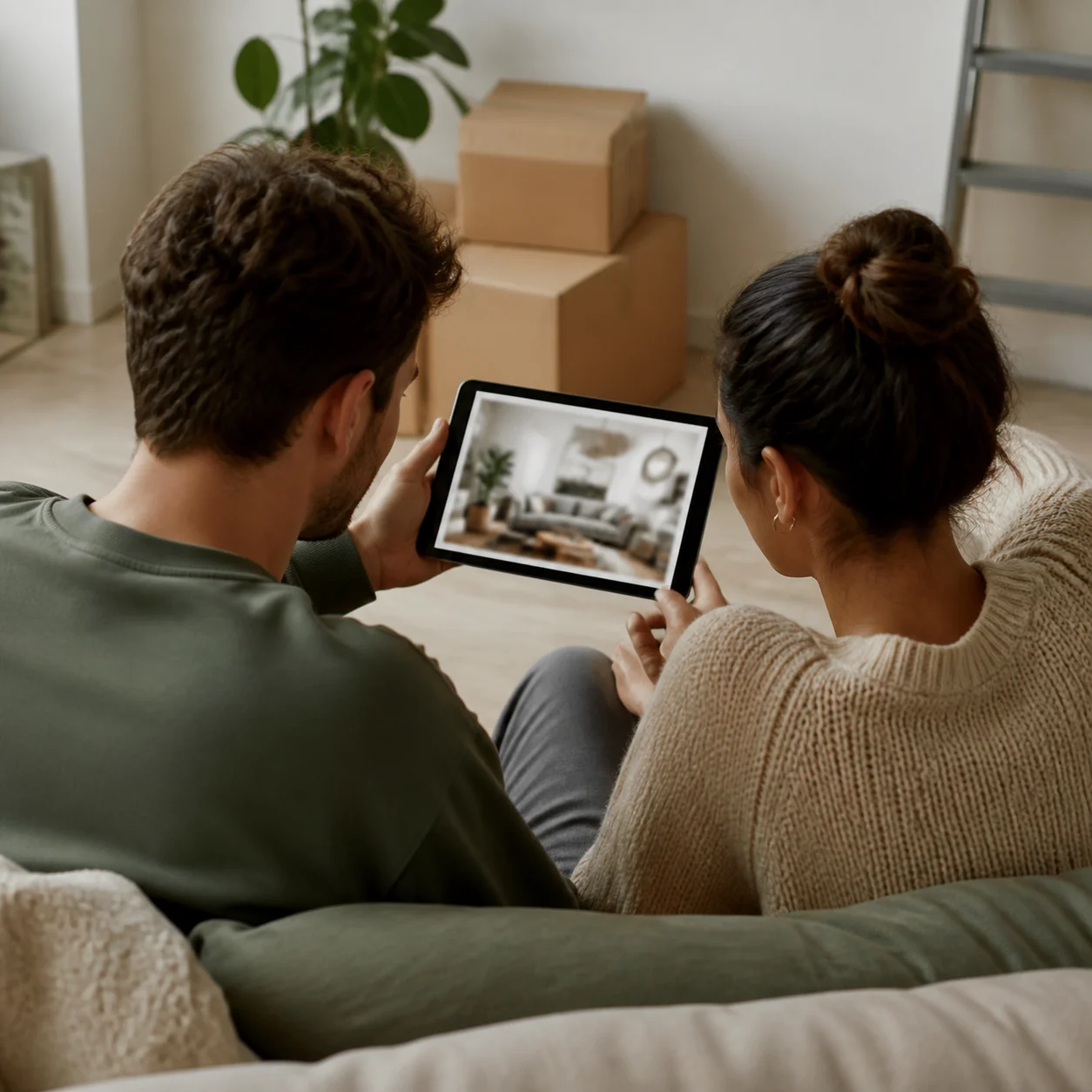 Renter looking at a generated living room design on a phone