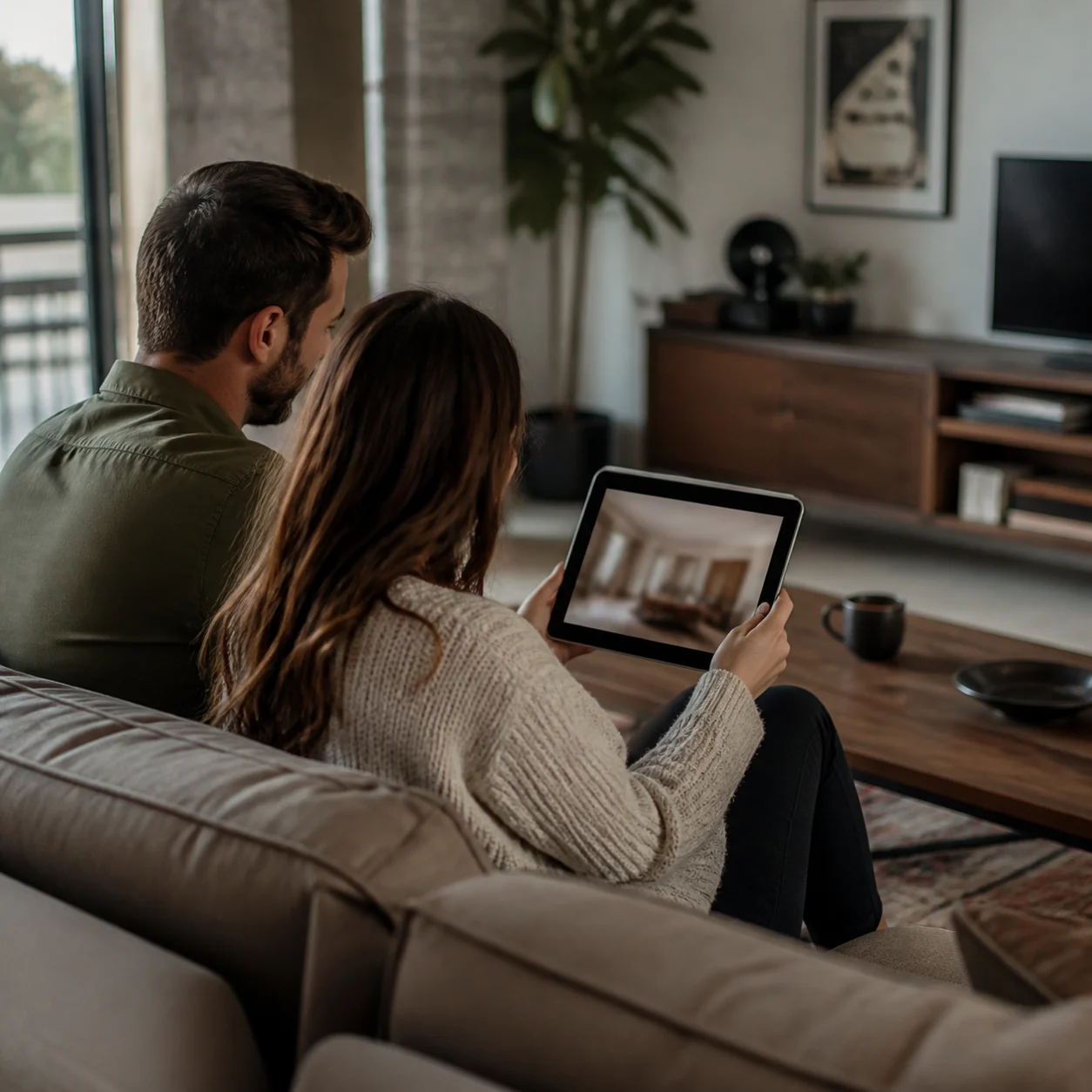 Homeowner comparing style results on a laptop before a refresh