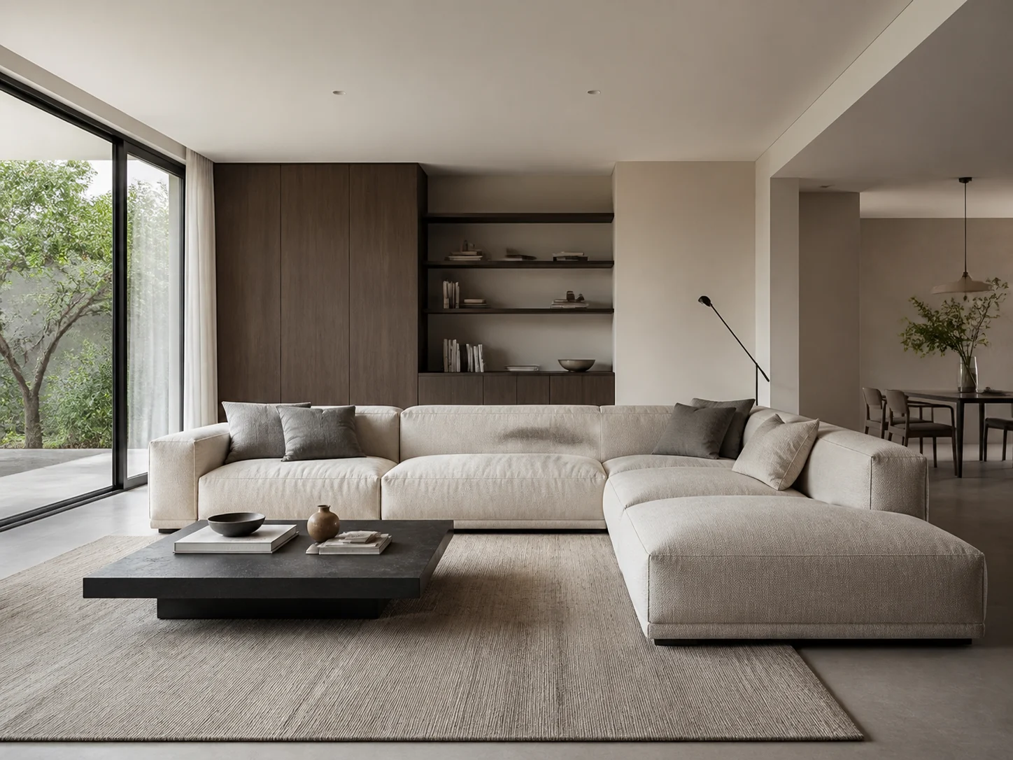 Modern living room with low sectional sofa and neutral color palette