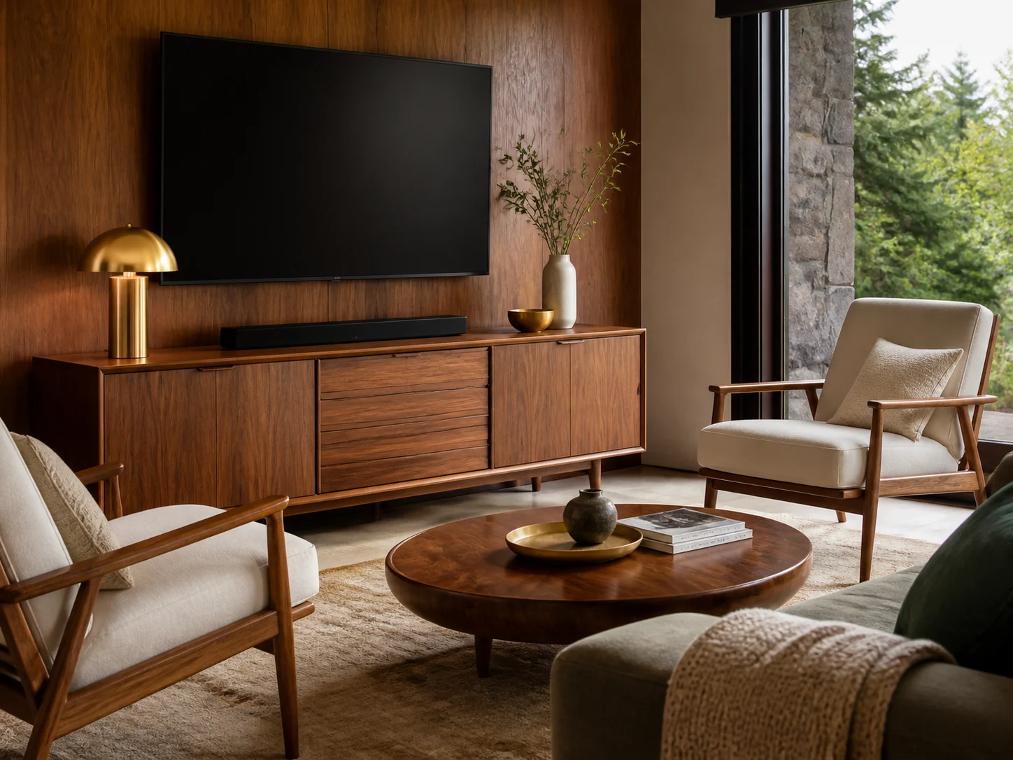 Mid-century modern living room with walnut credenza and brass accents