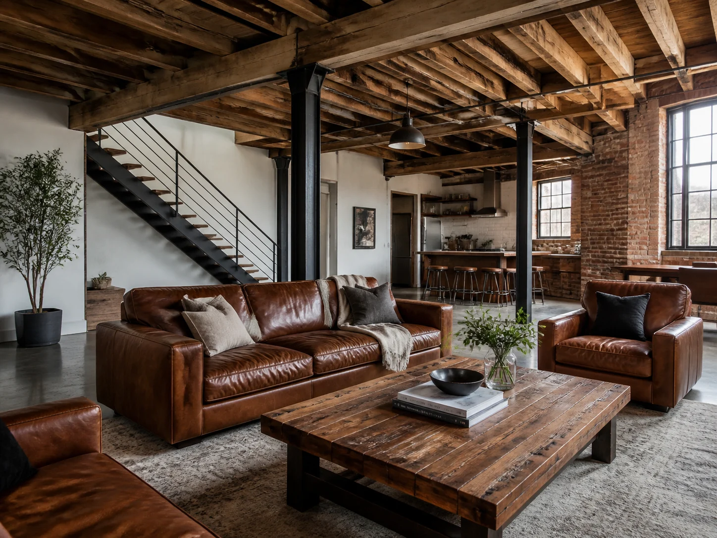 Industrial loft living room with exposed beams and leather seating