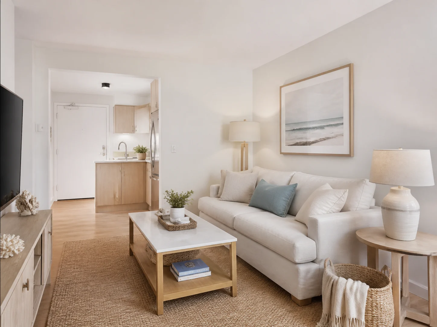 Small apartment living room with coastal style and compact furniture