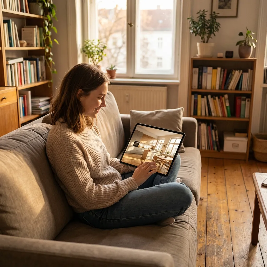 A homeowner sitting on a couch using a tablet to browse AI living room design ideas in their living room