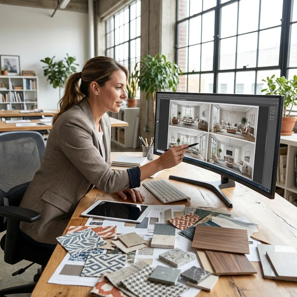 An interior designer reviewing AI-generated living room concepts on a large monitor in a professional studio