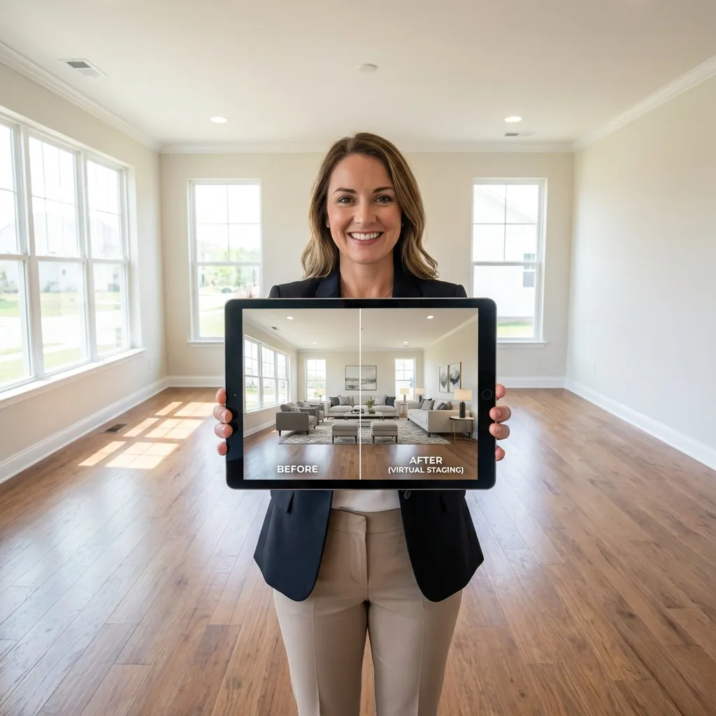 A real estate agent showing a virtually staged AI living room design on a tablet to potential buyers at a property