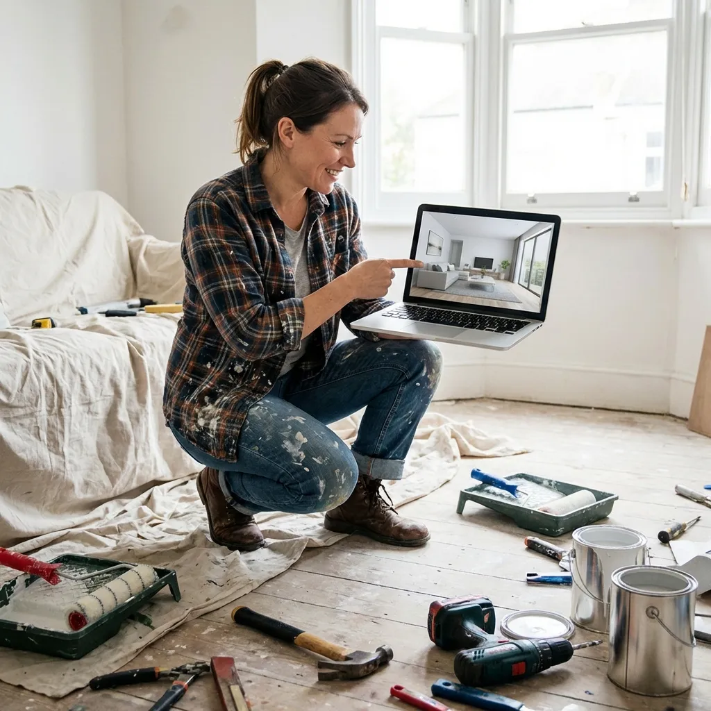 A DIY renovator comparing paint swatches in a living room while referencing an AI living room design on a laptop