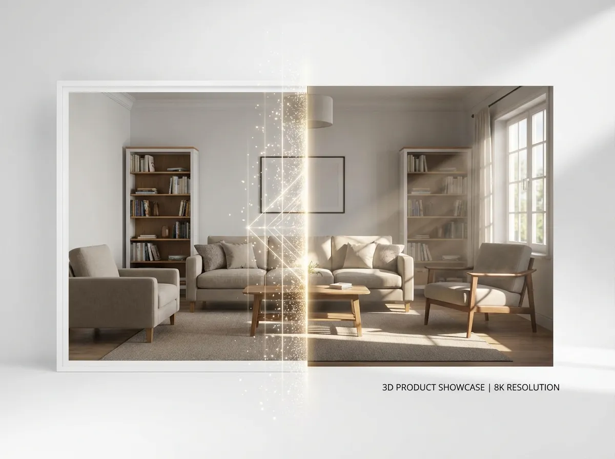 3D photorealistic preview of an AI-designed living room with accurate lighting and textures