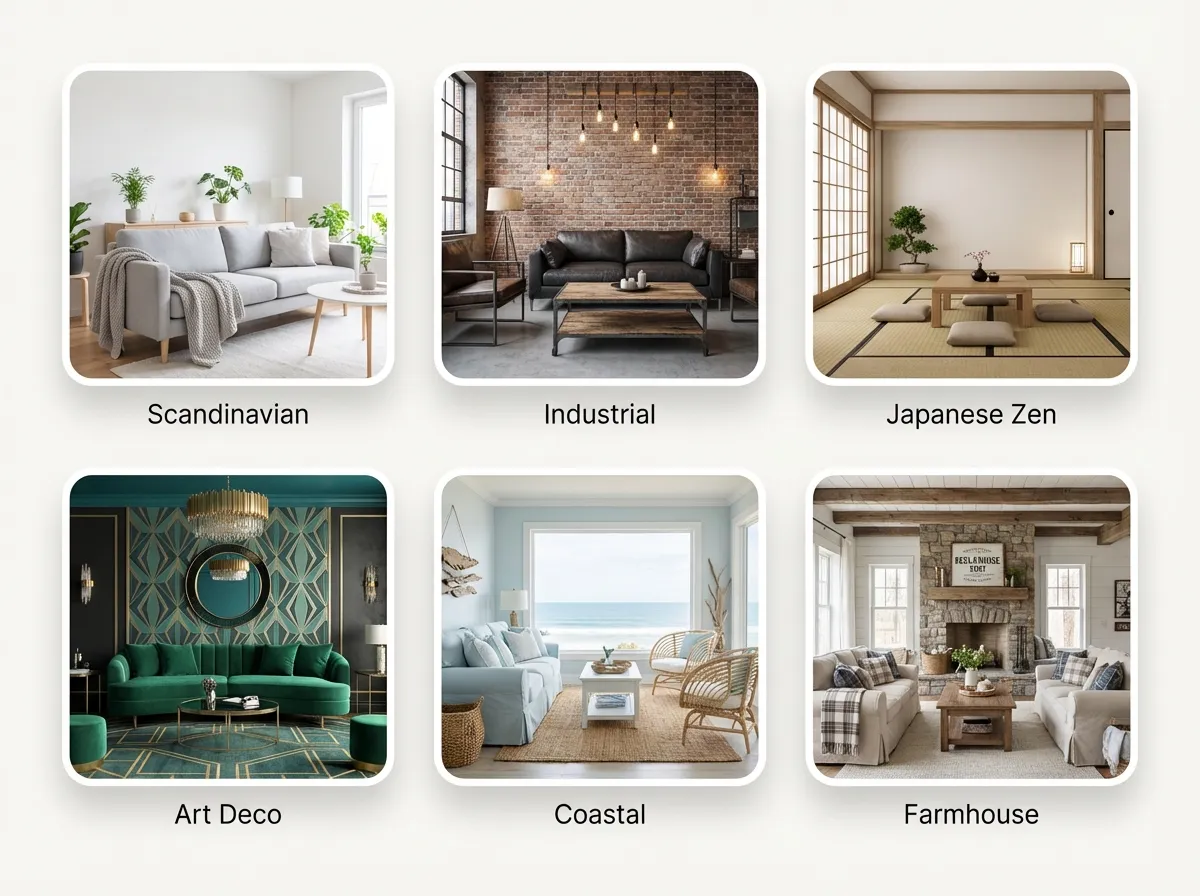 Grid of multiple living room interior design styles generated by AI including Scandinavian and industrial