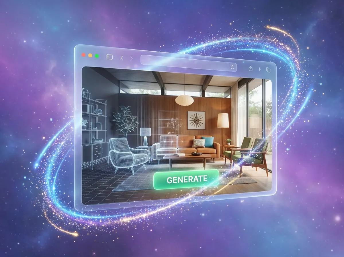Browser interface showing the free online AI living room design generator