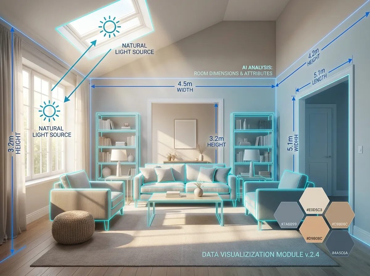 AI analysis overlay on a living room photo detecting dimensions and light sources