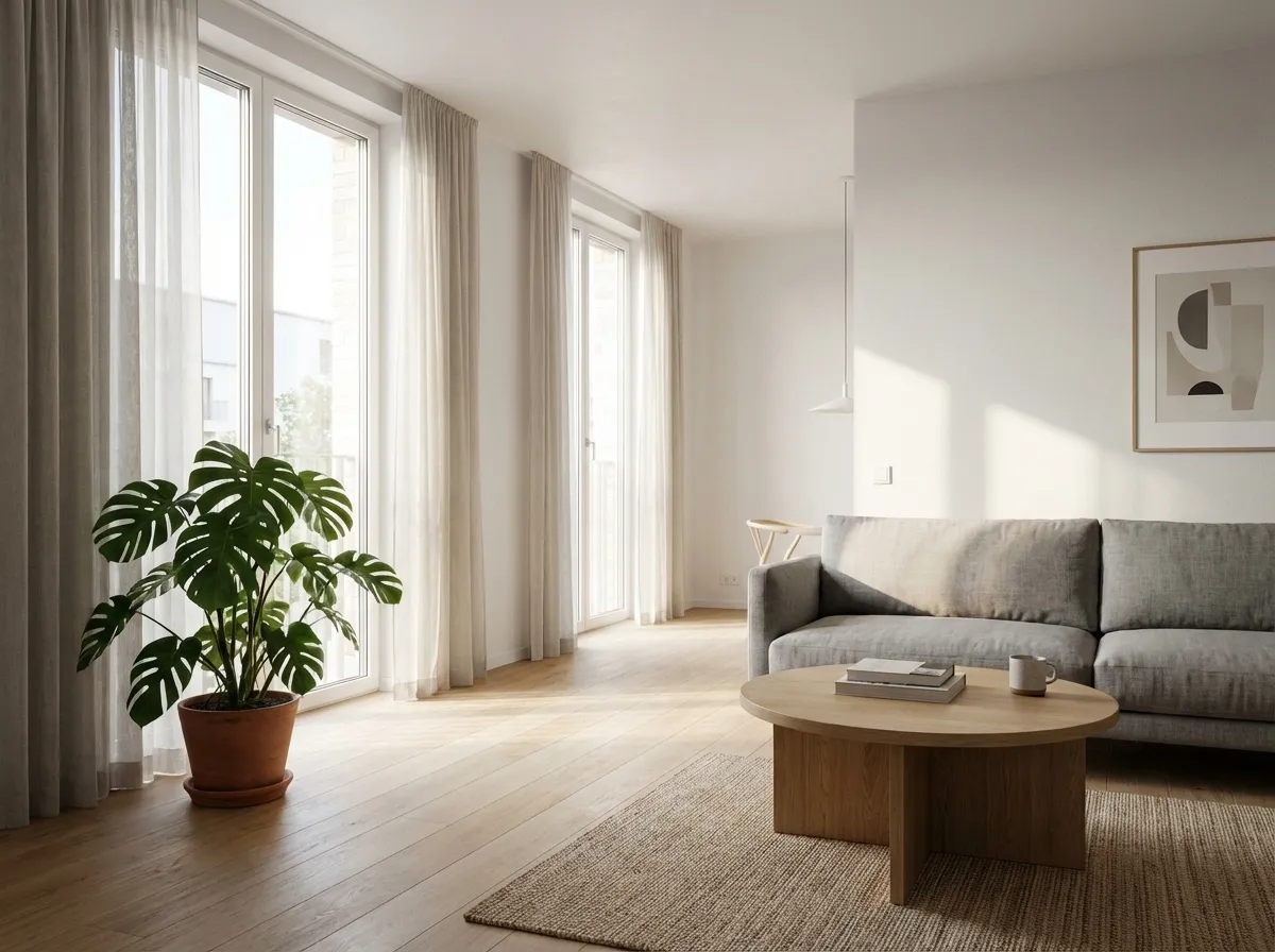 AI-generated modern minimalist living room design with neutral tones and clean furniture