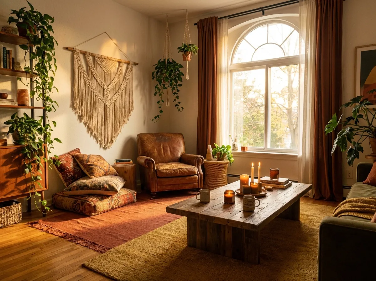 AI living room design in bohemian style with warm textures and layered rugs