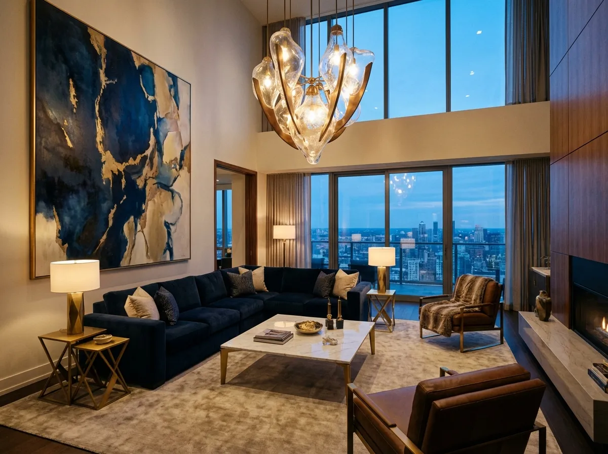 AI-generated contemporary luxury living room interior design with statement chandelier